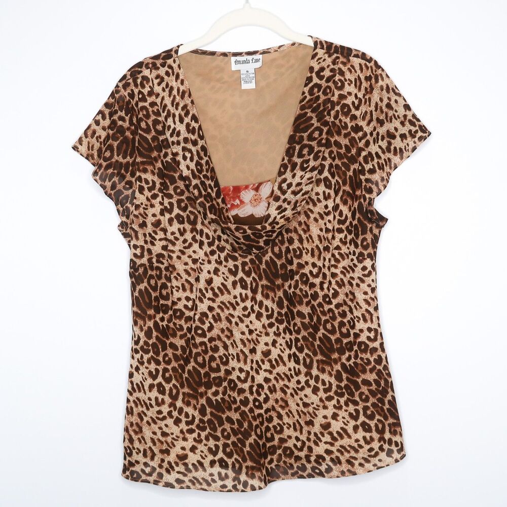 Amanda Lane VTG Womens Blouse 16 Brown Cheetah Floral Cowl 90s Friends